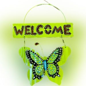 Hand crafted painted Welcome sign metal butterfly door hanger garden green black